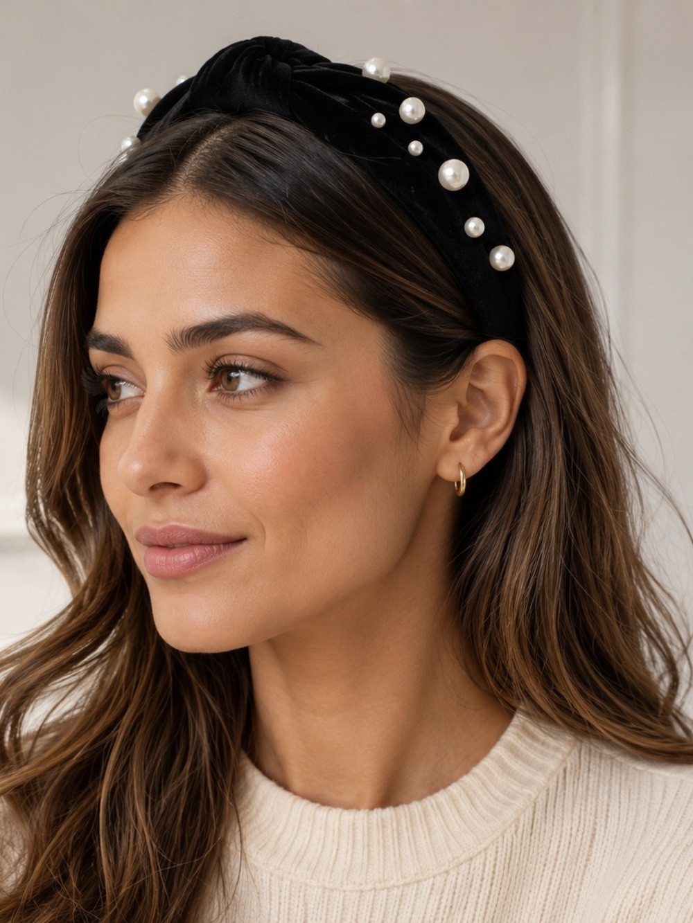 Women’s fashion Elegant Black Velvet Headband with Pearls